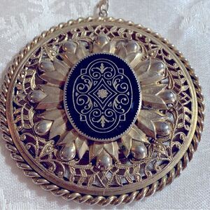 Large Vintage Black Enamel Necklace Pendant 3.5” Gold Tone Gorgeous